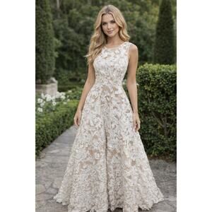 Dress the Population Floral Lace Cocktail Midi Dress XS Nude Illusion Fit Flare